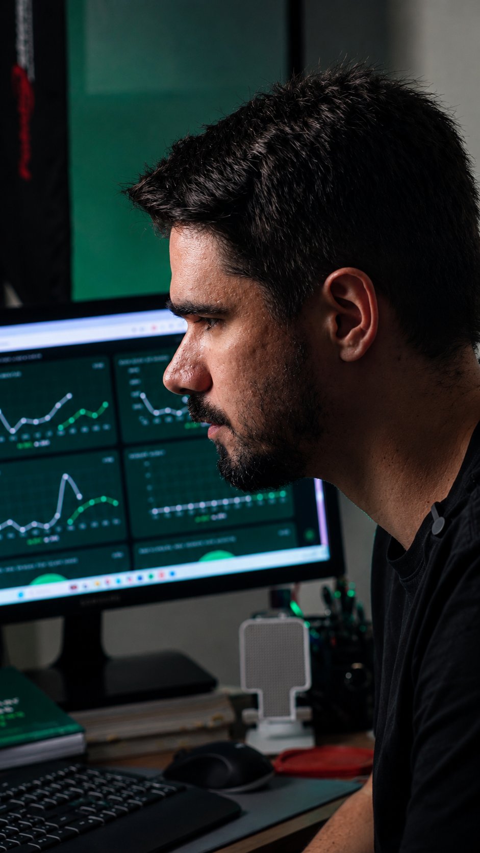 Maycon Gabry analisando painéis de dados em monitores